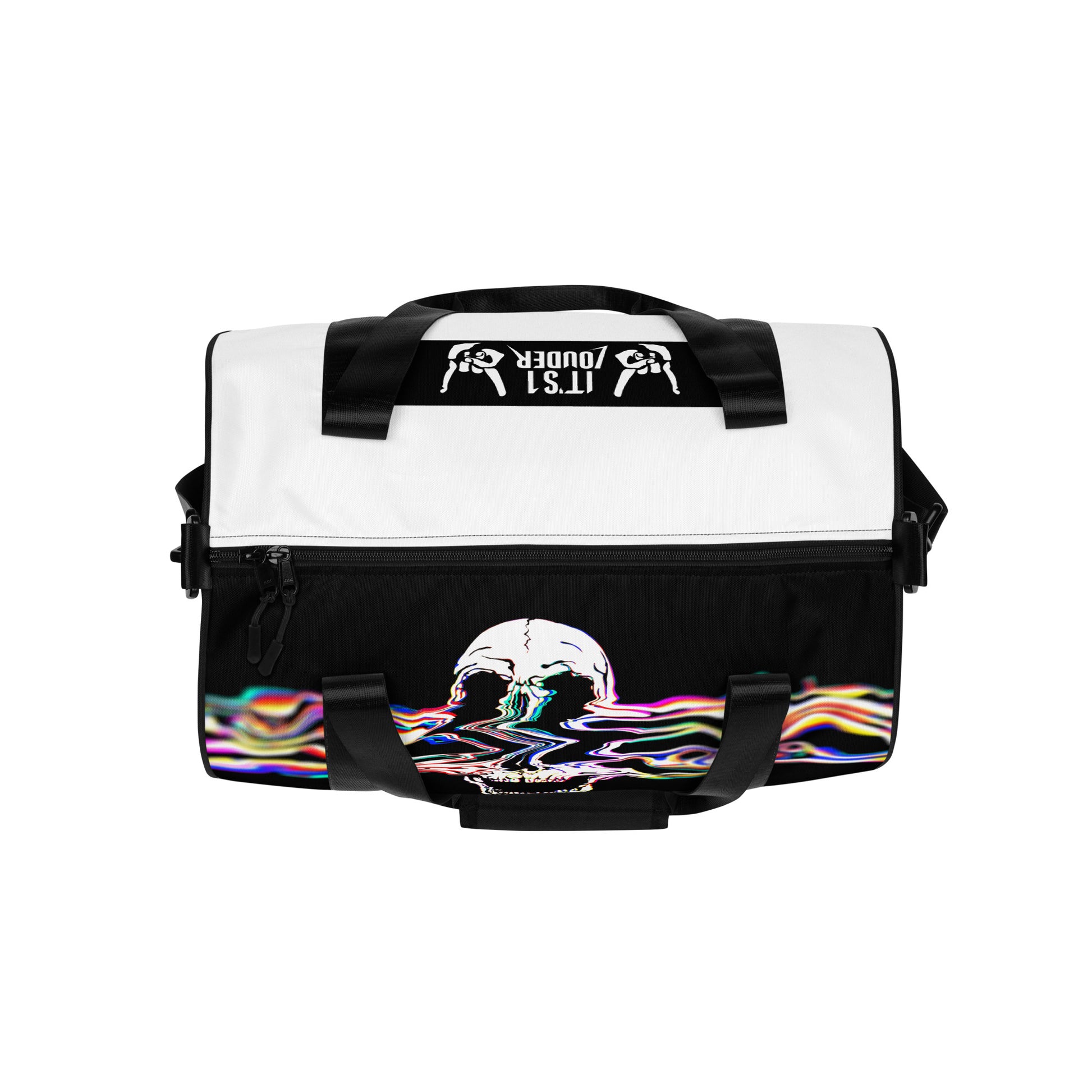 Rebel Riser gym bag top view - digital skull print sports bag