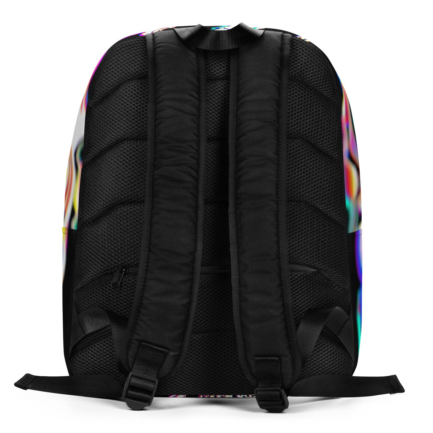 Black backpack with Rebel Riser pattern - back view rock and roll design