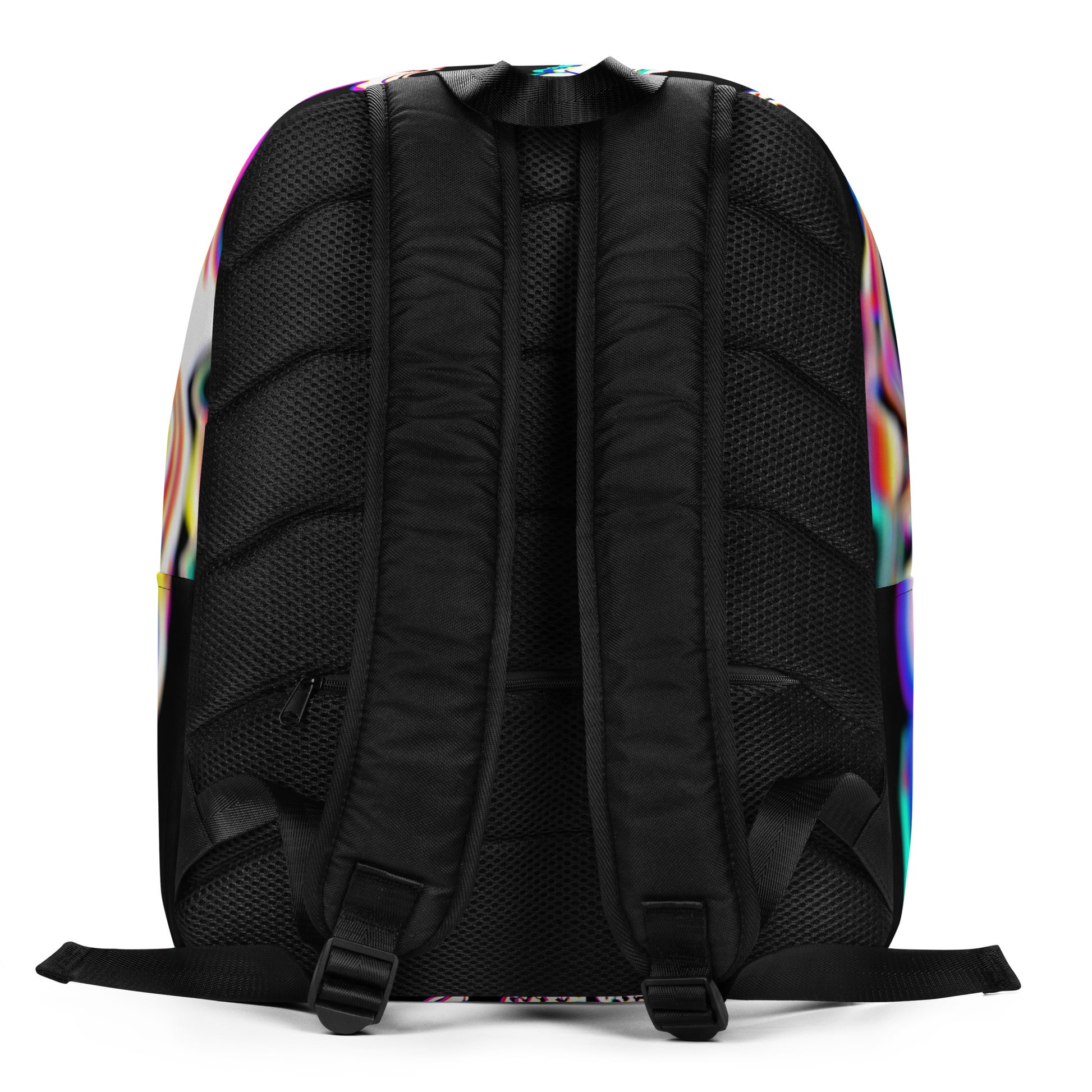 Black backpack with Rebel Riser pattern - back view rock and roll design