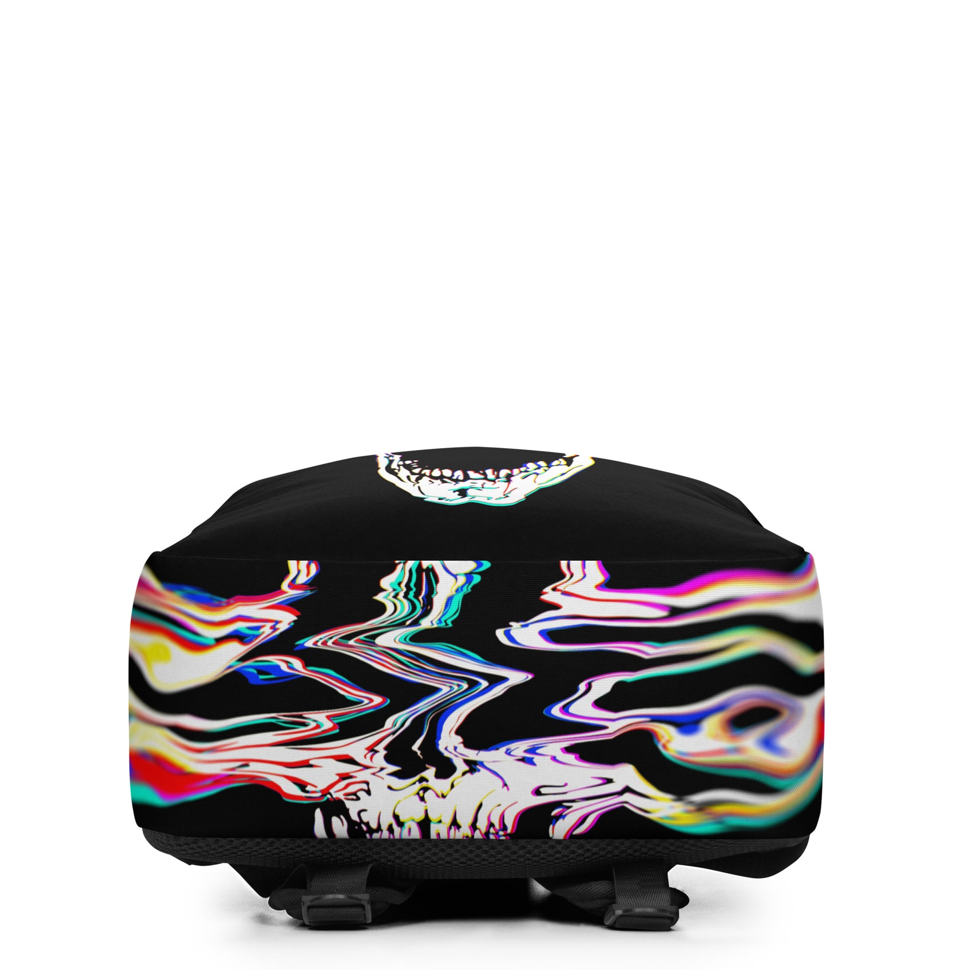 Black backpack with Rebel Riser pattern - bottom view rock and roll design