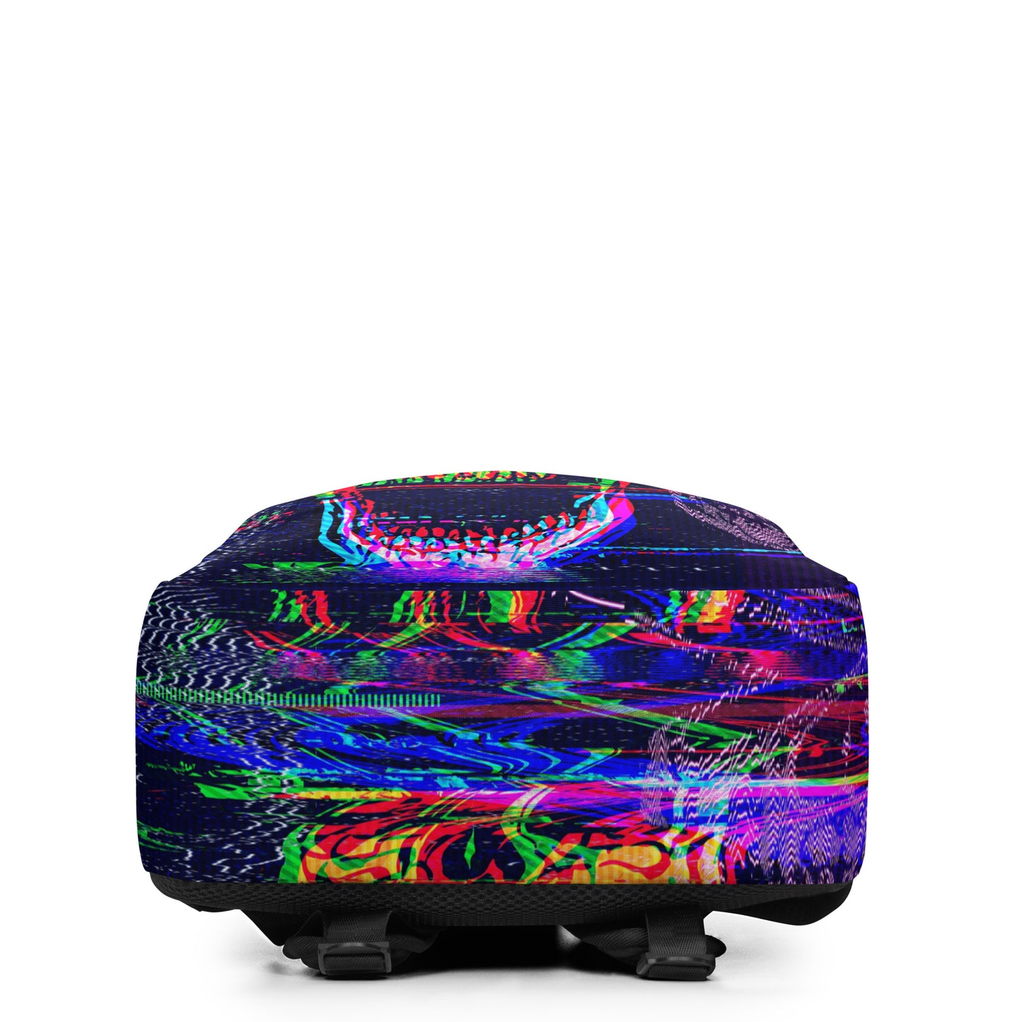 Glitched Outlaw backpack bottom view - digital skull all-over print pattern