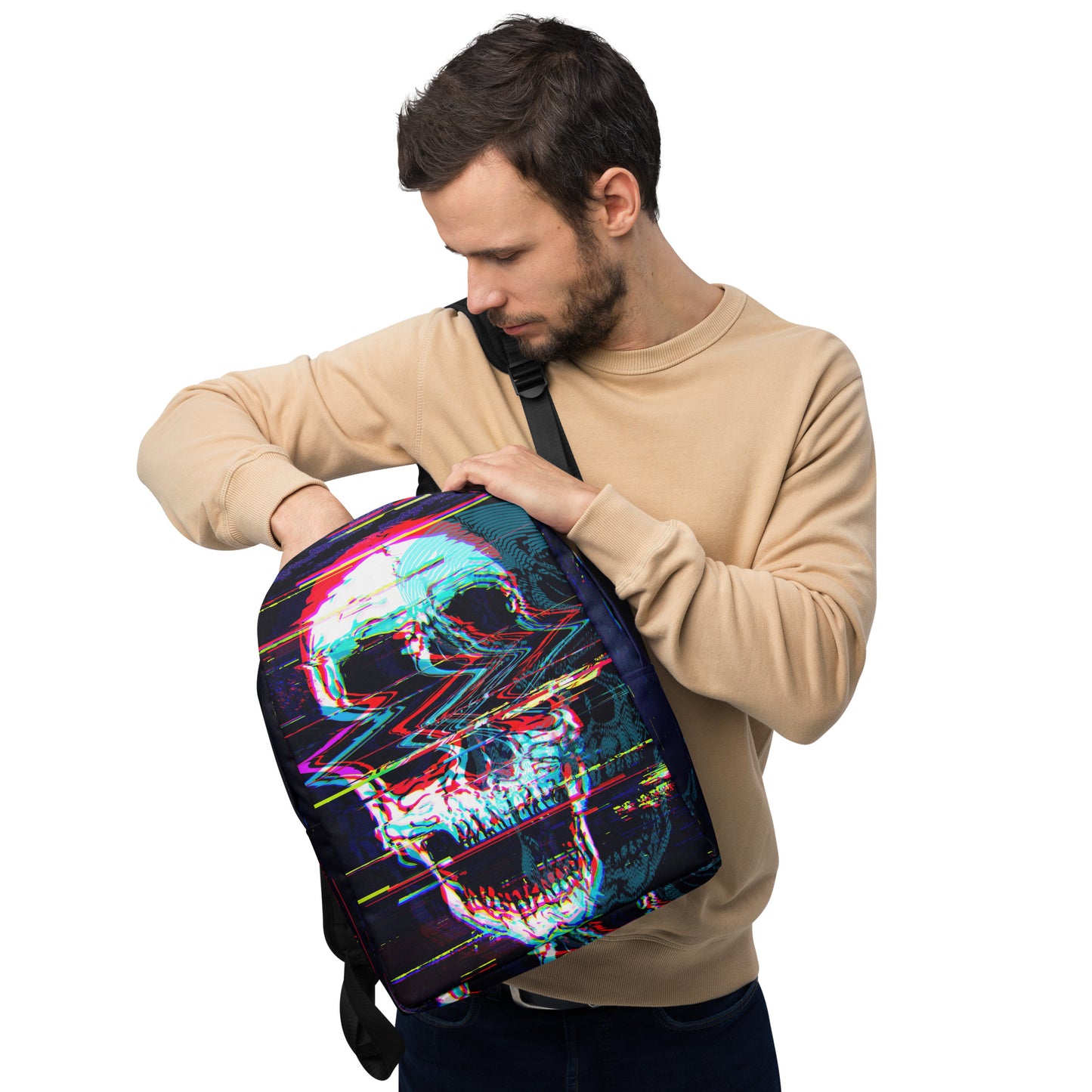 Skullbanger all-over print backpack - black with skull and headphones graphic