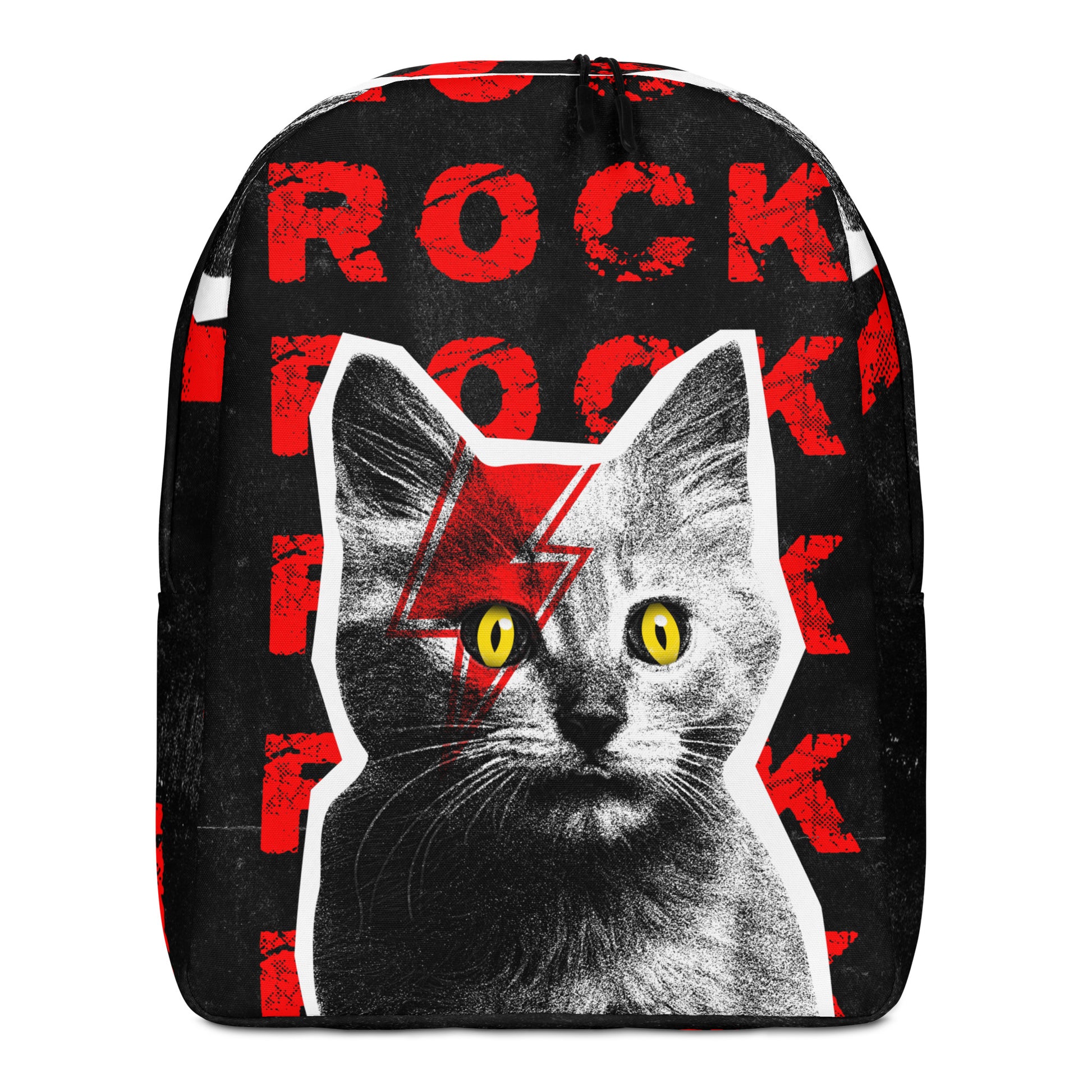 Black backpack with rock cat graphic - cats rock music themed bag