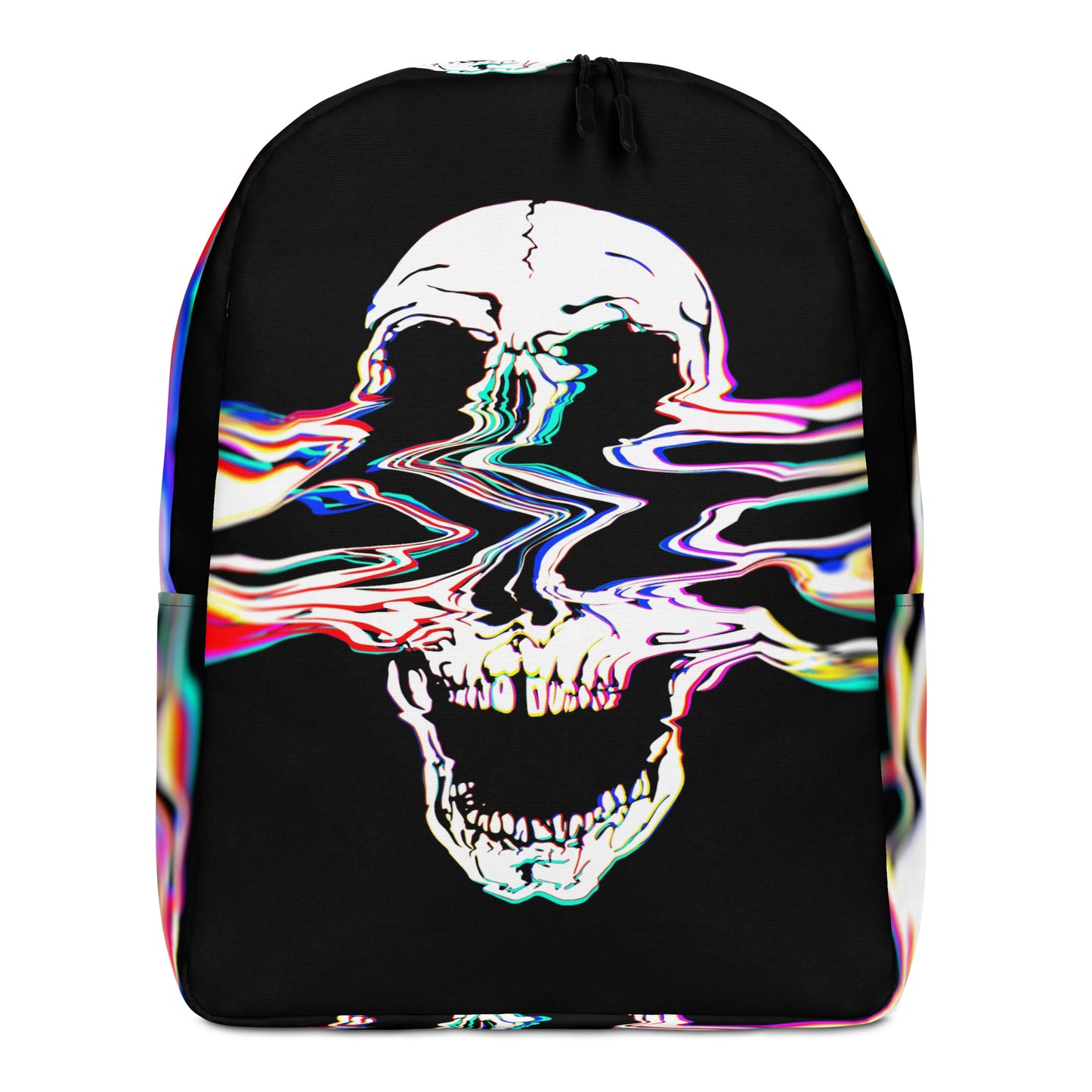 Black minimalist backpack with Rebel Riser colorful glitch skull all-over print - rock music bag
