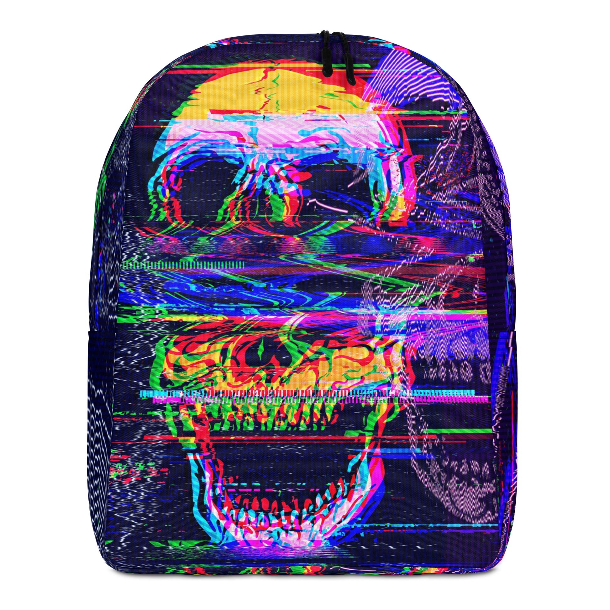 White minimalist backpack with Glitched Outlaw colorful skull all-over print - rock music bag