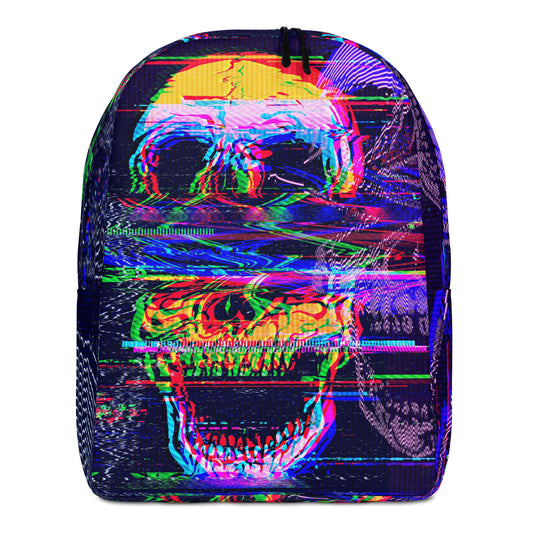 White minimalist backpack with Glitched Outlaw colorful skull all-over print - rock music bag