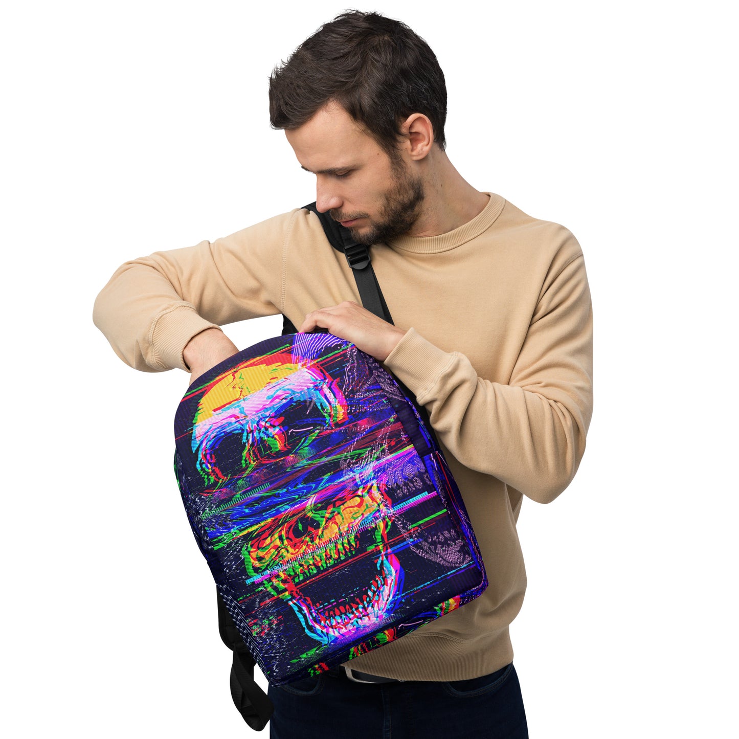 Glitched Outlaw all-over print backpack - black with vibrant digital skull pattern