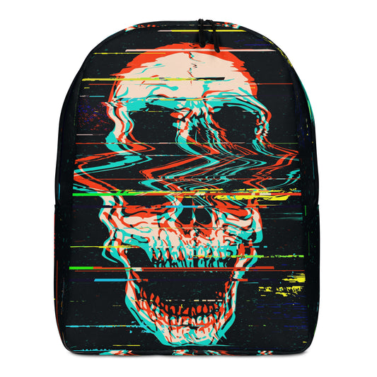 Black minimalist backpack with Glitched Skull colorful digital skull all-over print - rock music bag