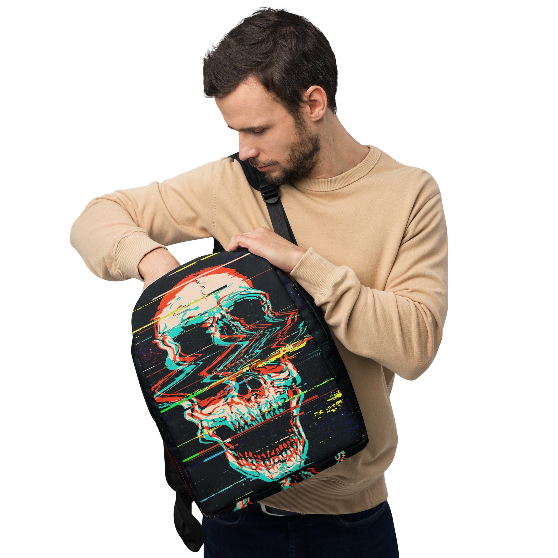 Glitched Skull all-over print backpack - black with vibrant glitch effect skull pattern