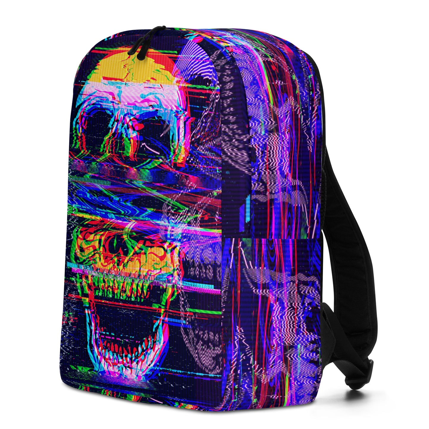 Glitched Outlaw minimalist backpack right front - all-over glitch skull print