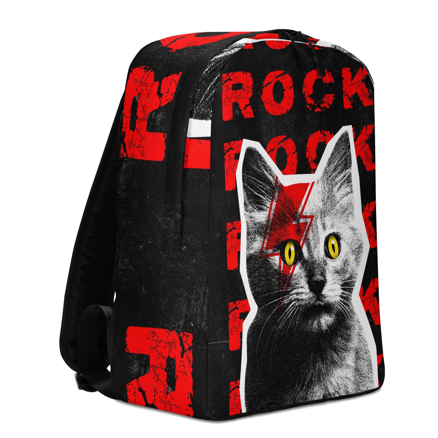 Black rock and roll backpack with cat graphic - school and travel bag