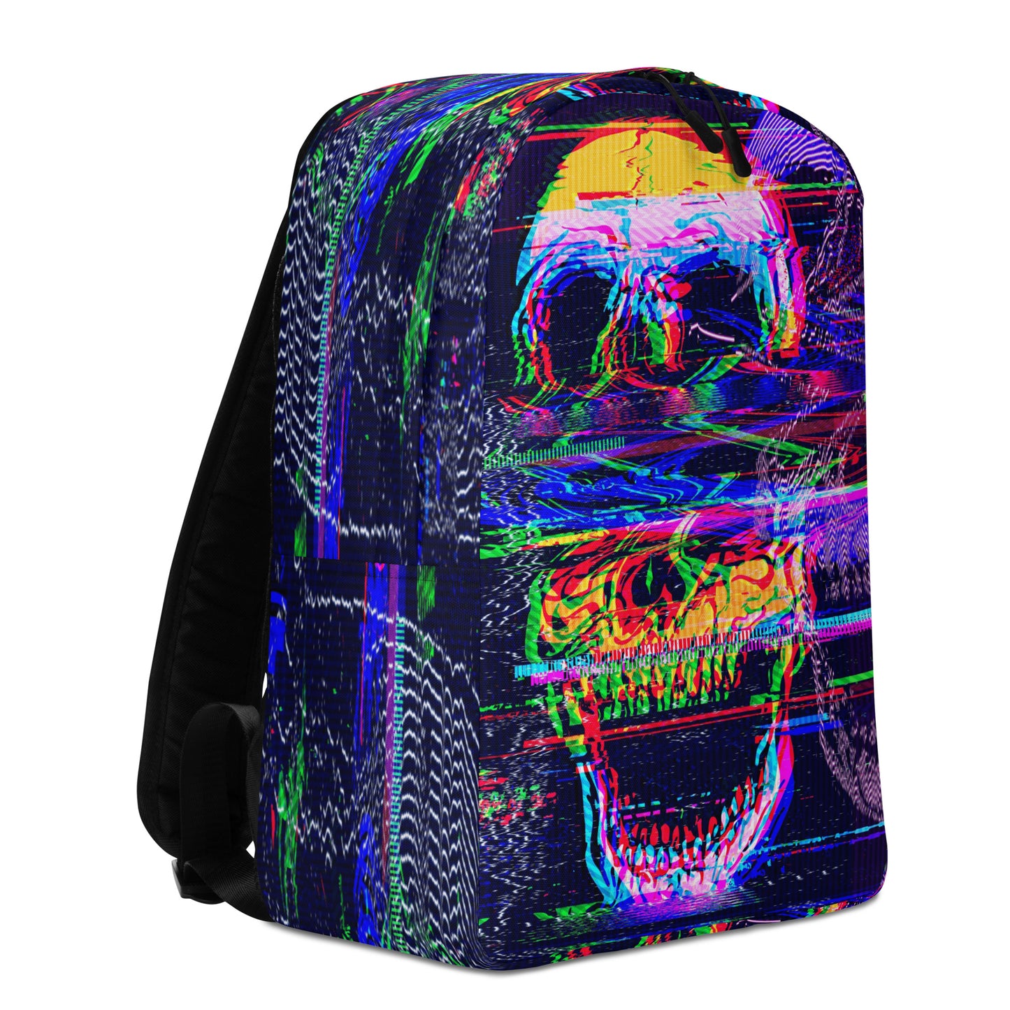 Black backpack with Glitched Outlaw pattern - left side view rock design