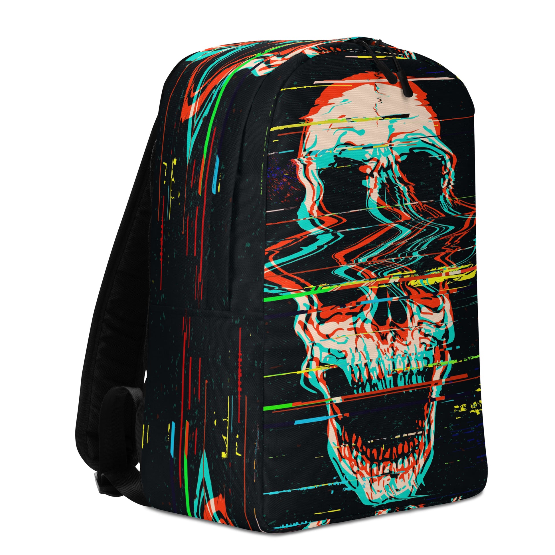 Black backpack with Glitched Skull pattern - left side view rock design