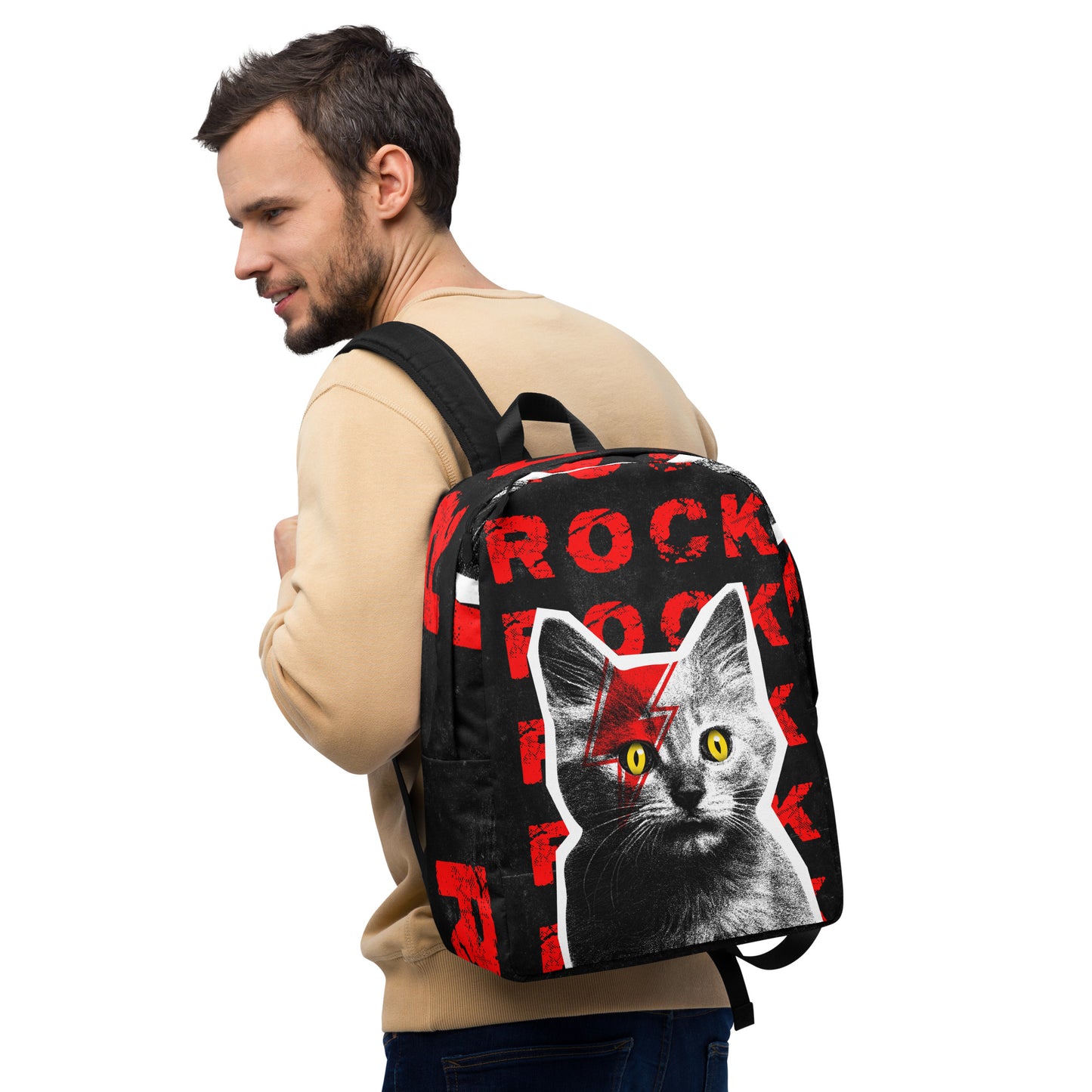 Man carrying a cats rock backpack - music themed everyday carry bag