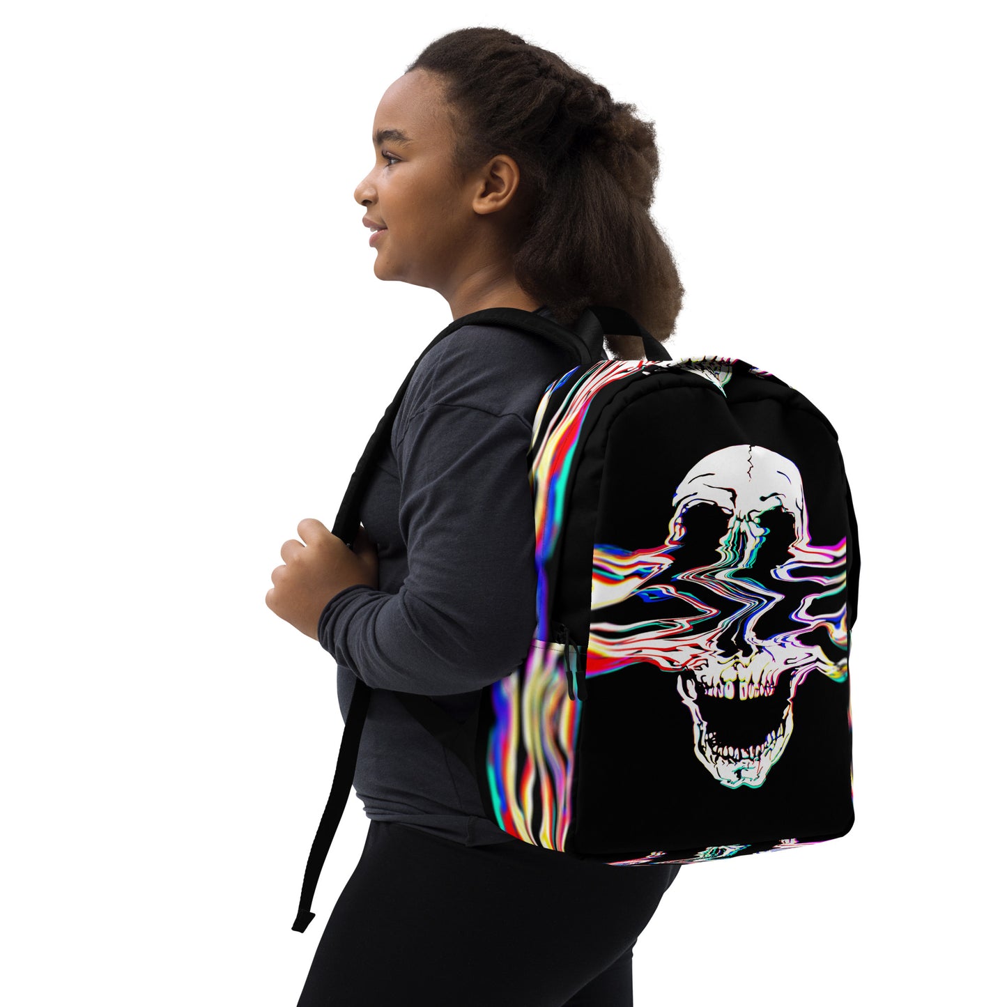 Person wearing Rebel Riser backpack with glitch skull design - rock style everyday bag