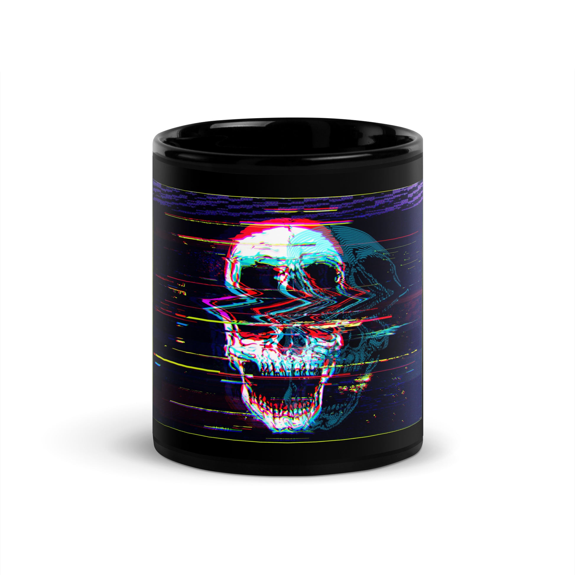 Skullbanger 11 oz glossy black mug - DJ skull graphic front view