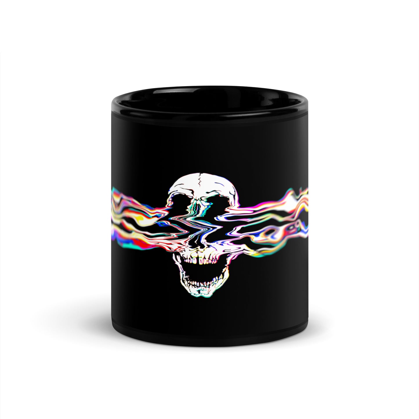 Rebel Riser 11 oz glossy black mug - glitch skull graphic front view