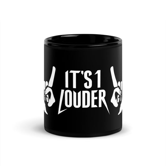 Black glossy ceramic mug with It's 1 Louder devil horns hand sign graphic - 11 oz rock music coffee mug