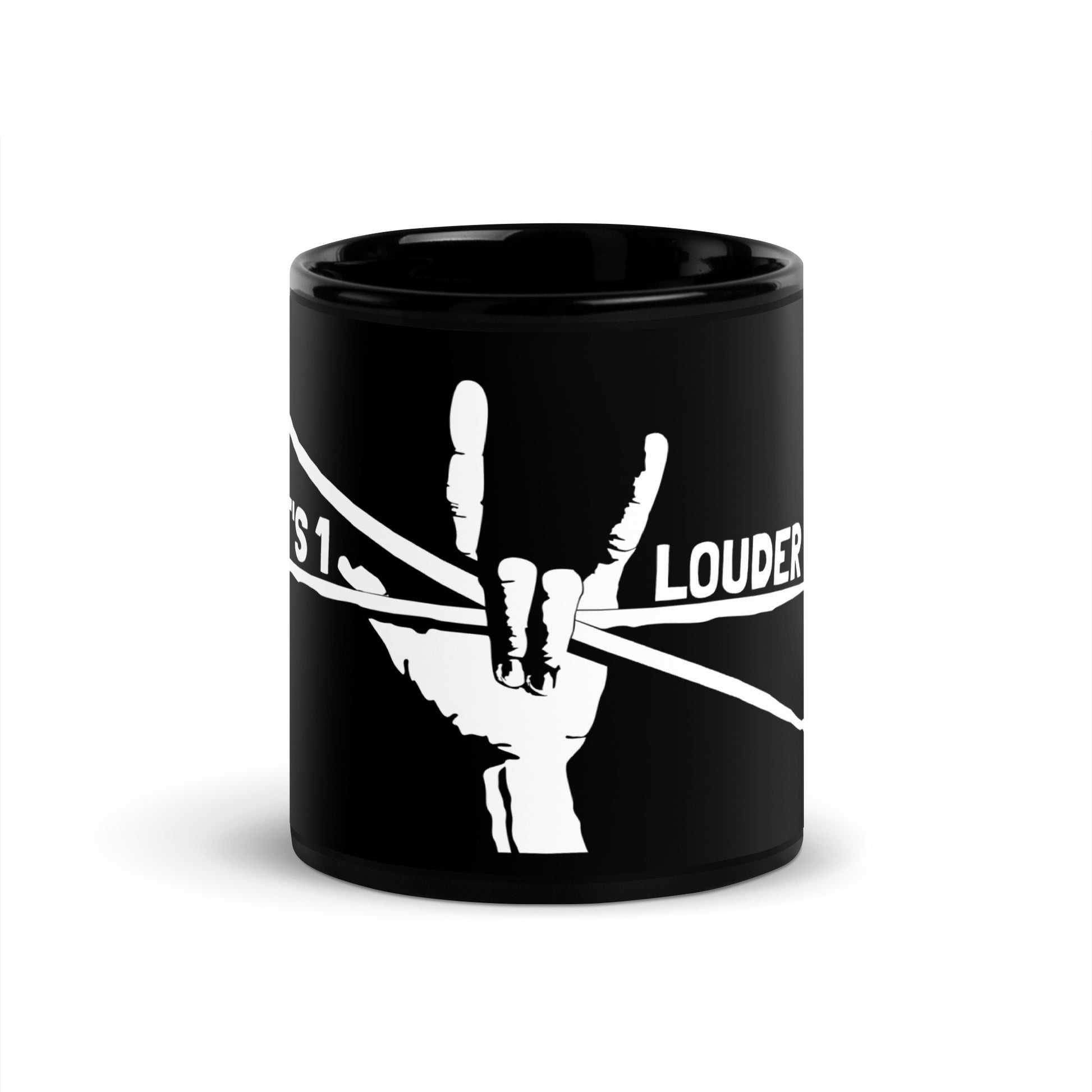 Front view of the black Drumsticks mug with a white rock hand sign holding crossed drumsticks and It's 1 Louder text