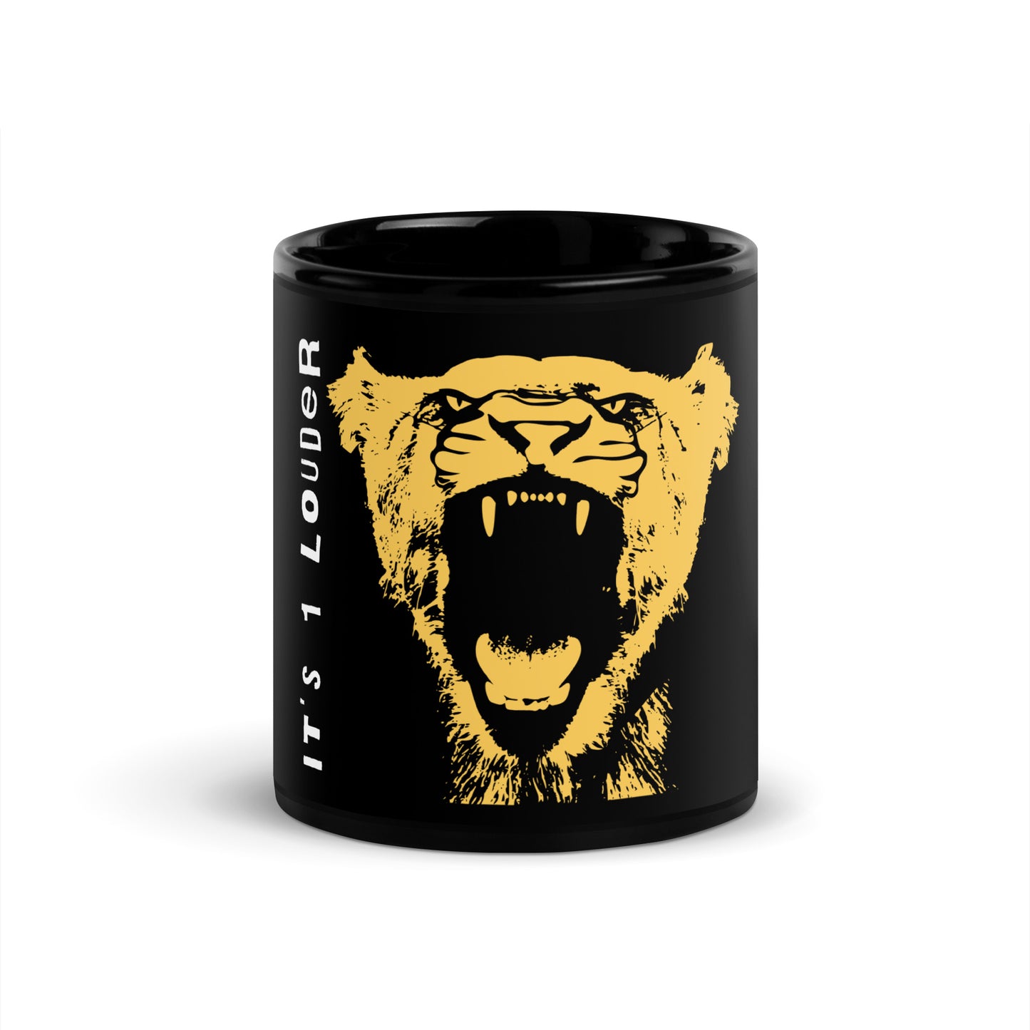 Front view of the black Rock and Roar mug with a gold roaring big cat and vertical It's 1 Louder wordmark