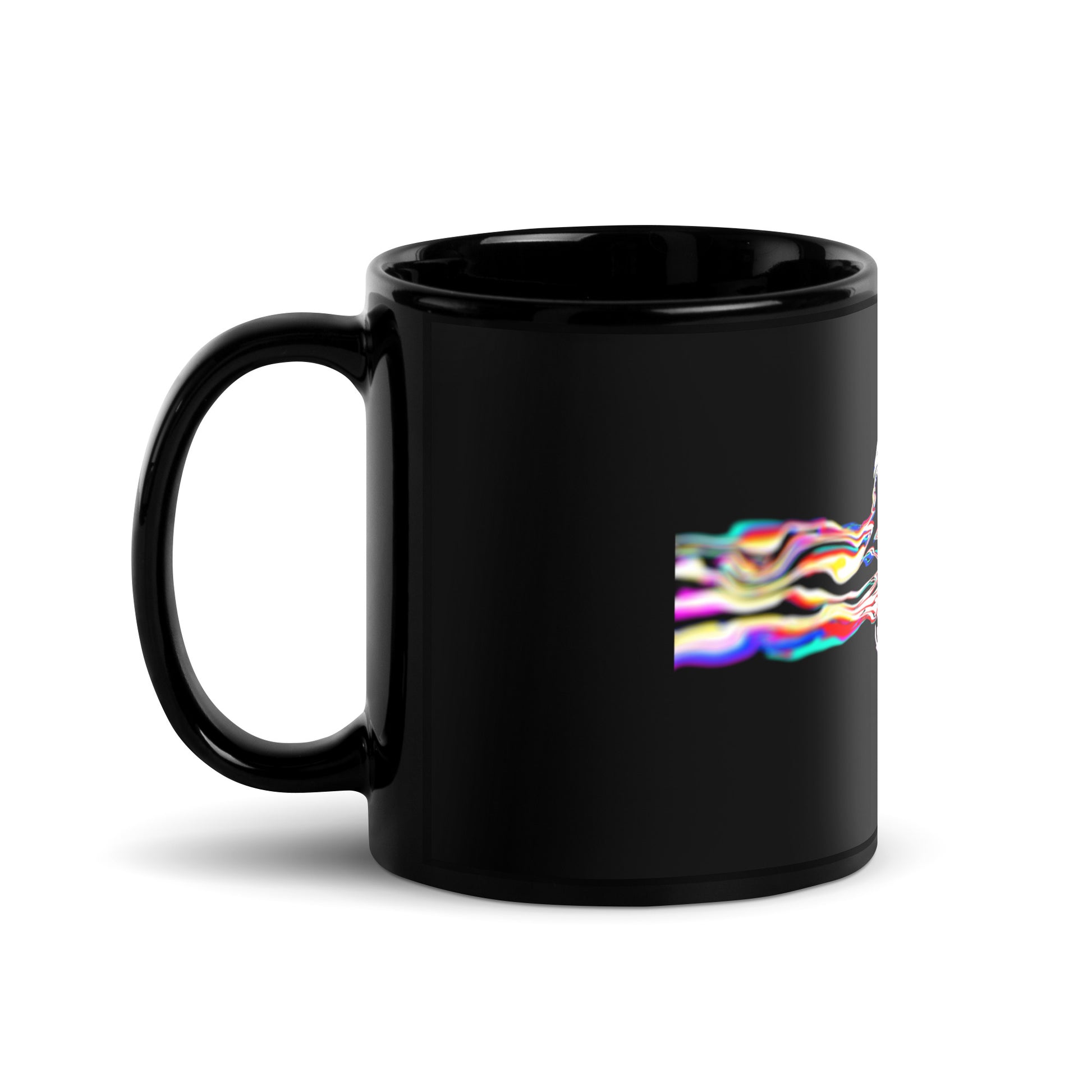 Black rock music mug with Rebel Riser design - 11 oz left handle view