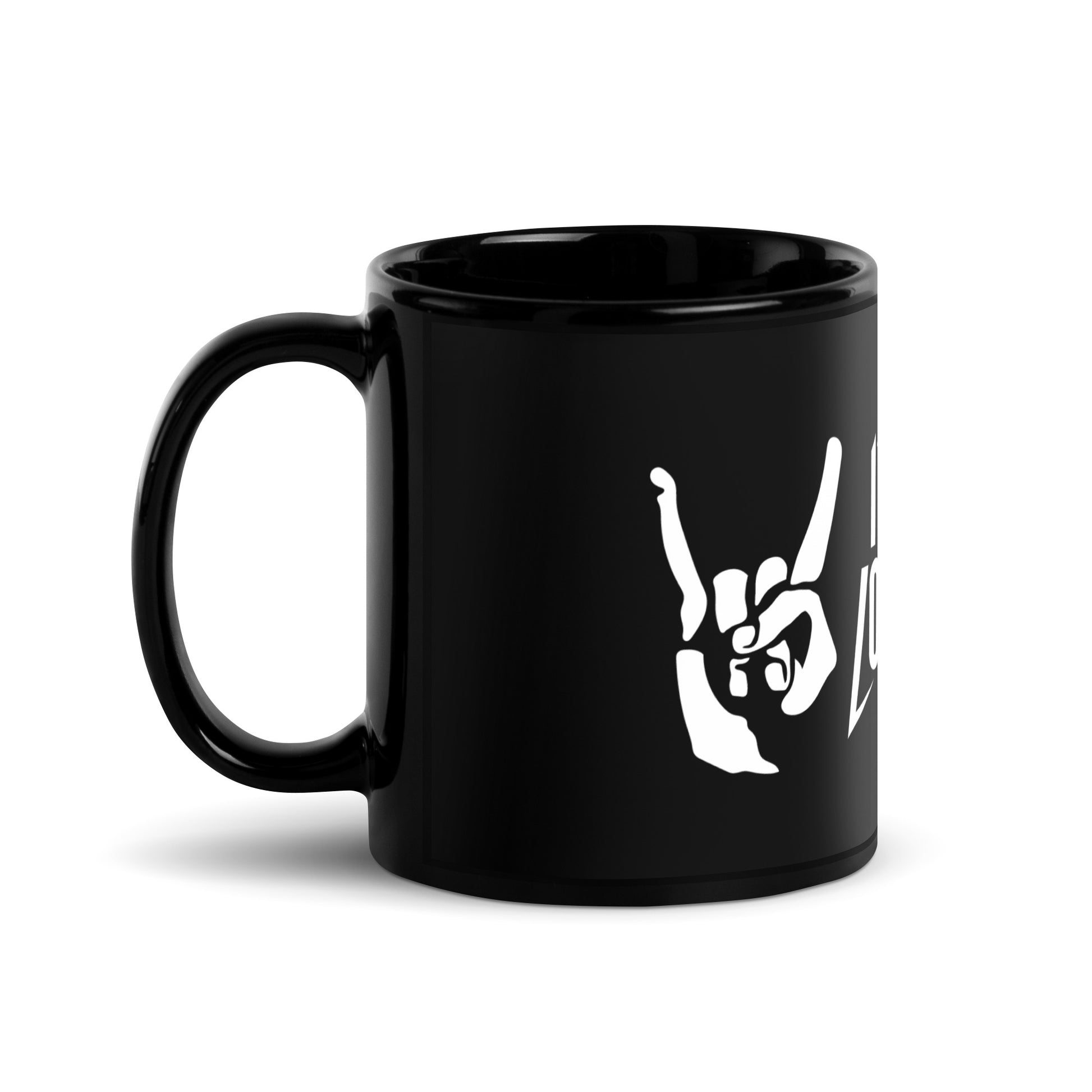 Black ceramic mug featuring It's 1 Louder devil horns design - 11 oz left handle view