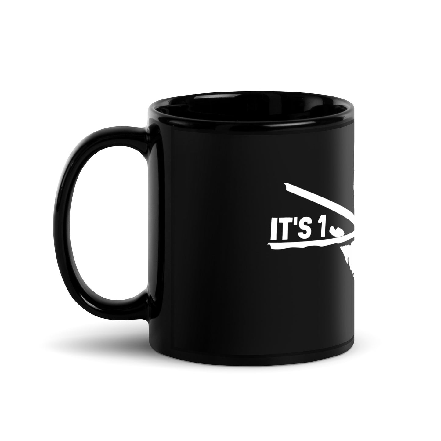 Left side view of the black Drumsticks mug with the It's 1 Louder wordmark and white crossed drumsticks print