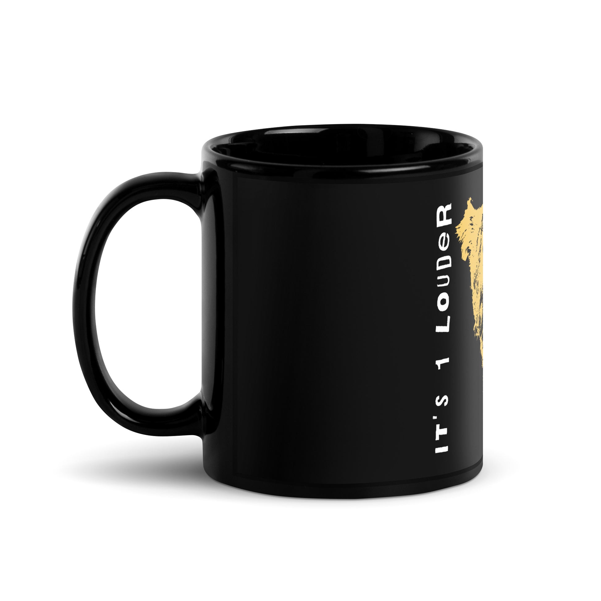 Left side view of the black Rock and Roar mug with the vertical It's 1 Louder wordmark beside the gold big cat print