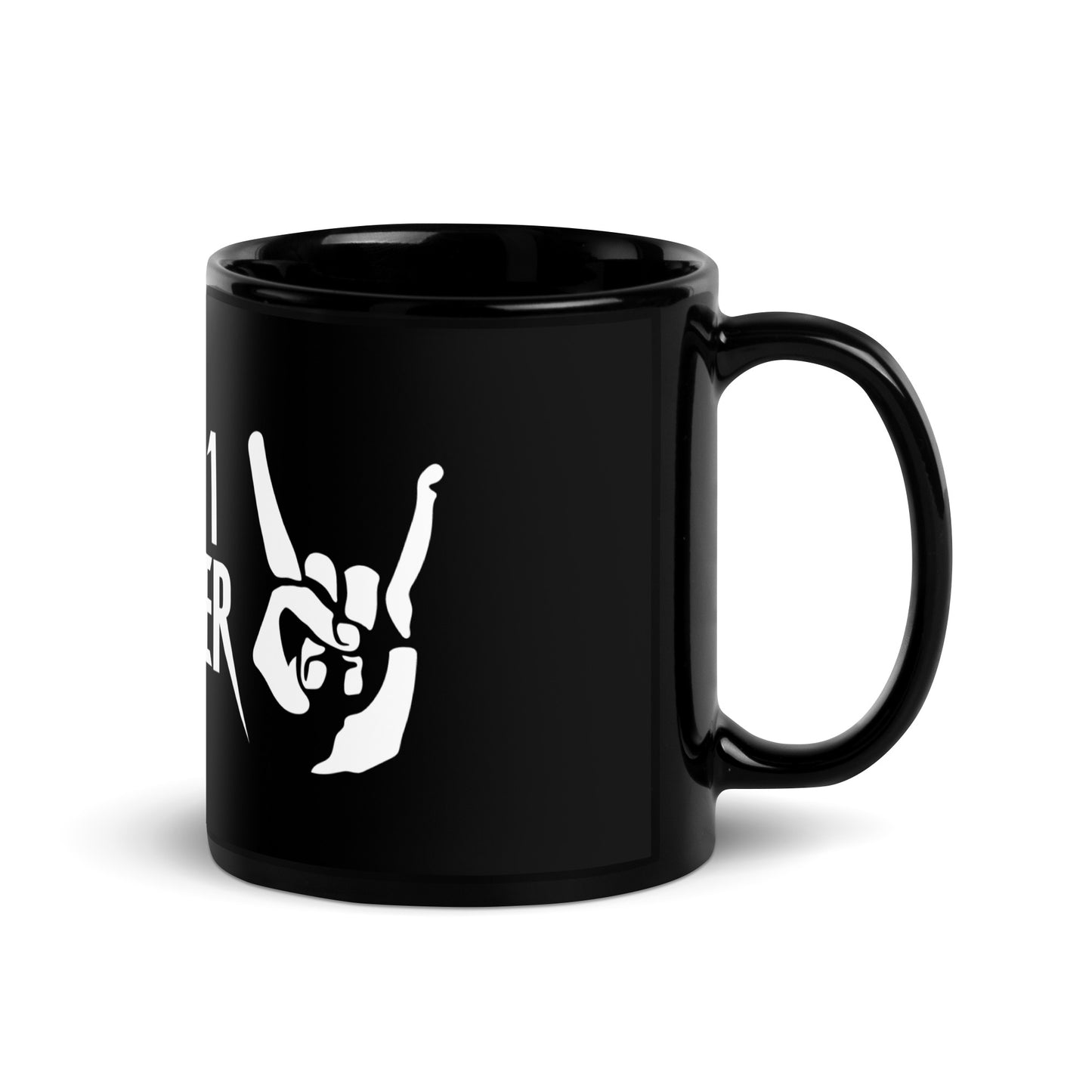 It's 1 Louder black coffee mug with rock hand symbol - 11 oz right handle view