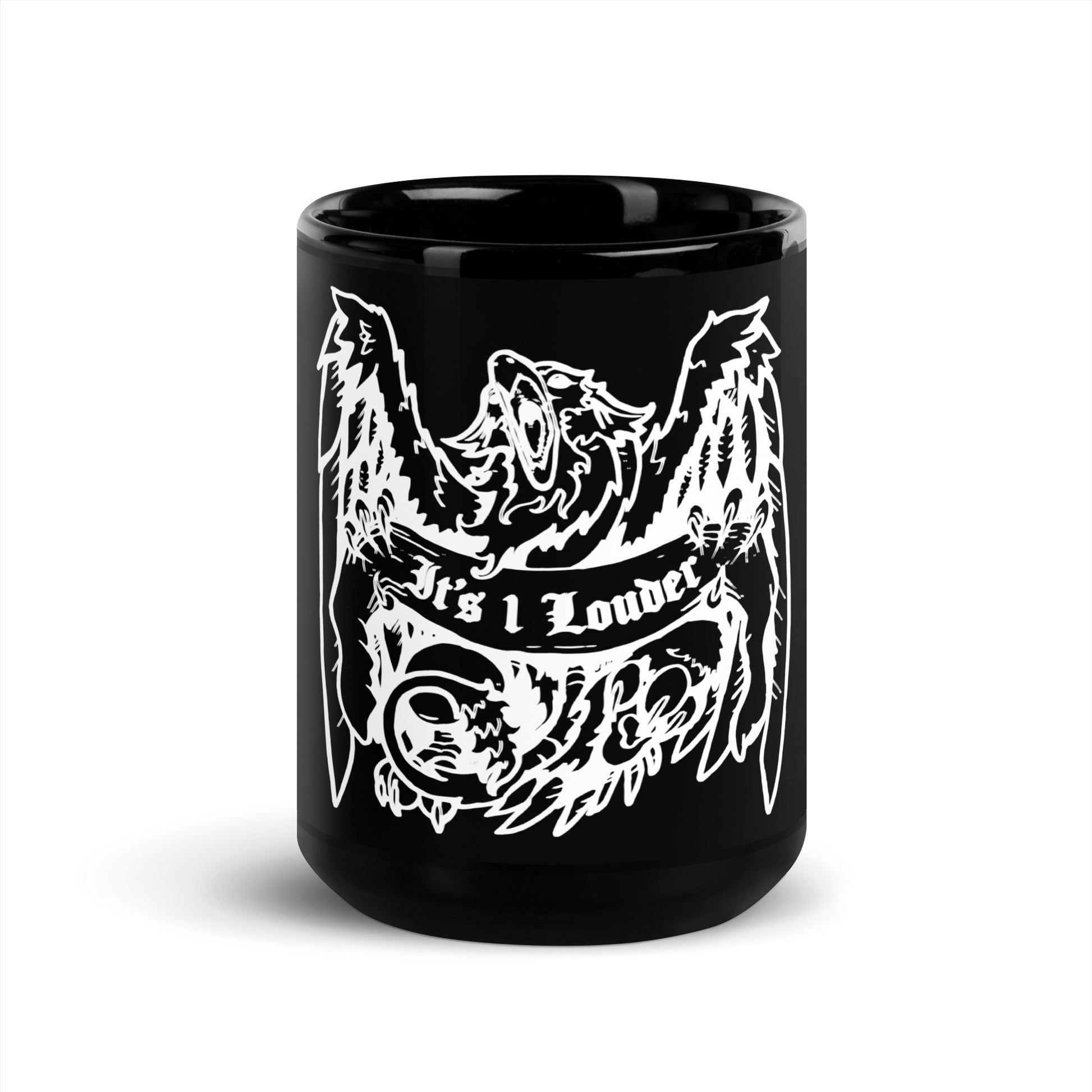 A front view of a black ceramic mug. There is a white design of a griffin (half-lion half-eagle creature) gripping a banner that says the words IT'S 1 LOUDER on it.