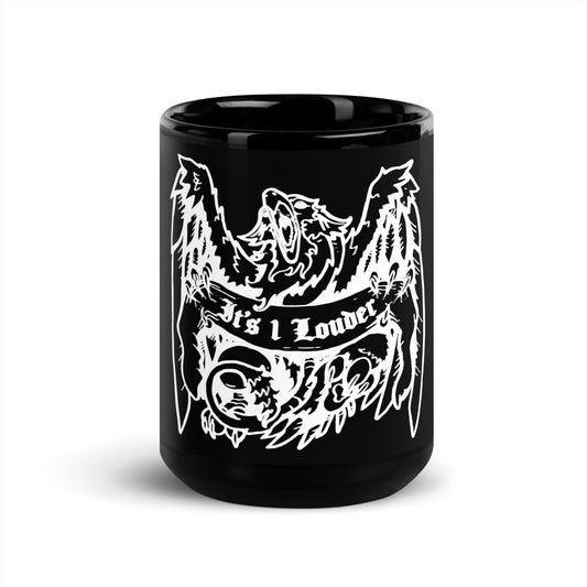 A front view of a black ceramic mug. There is a white design of a griffin (half-lion half-eagle creature) gripping a banner that says the words IT'S 1 LOUDER on it.