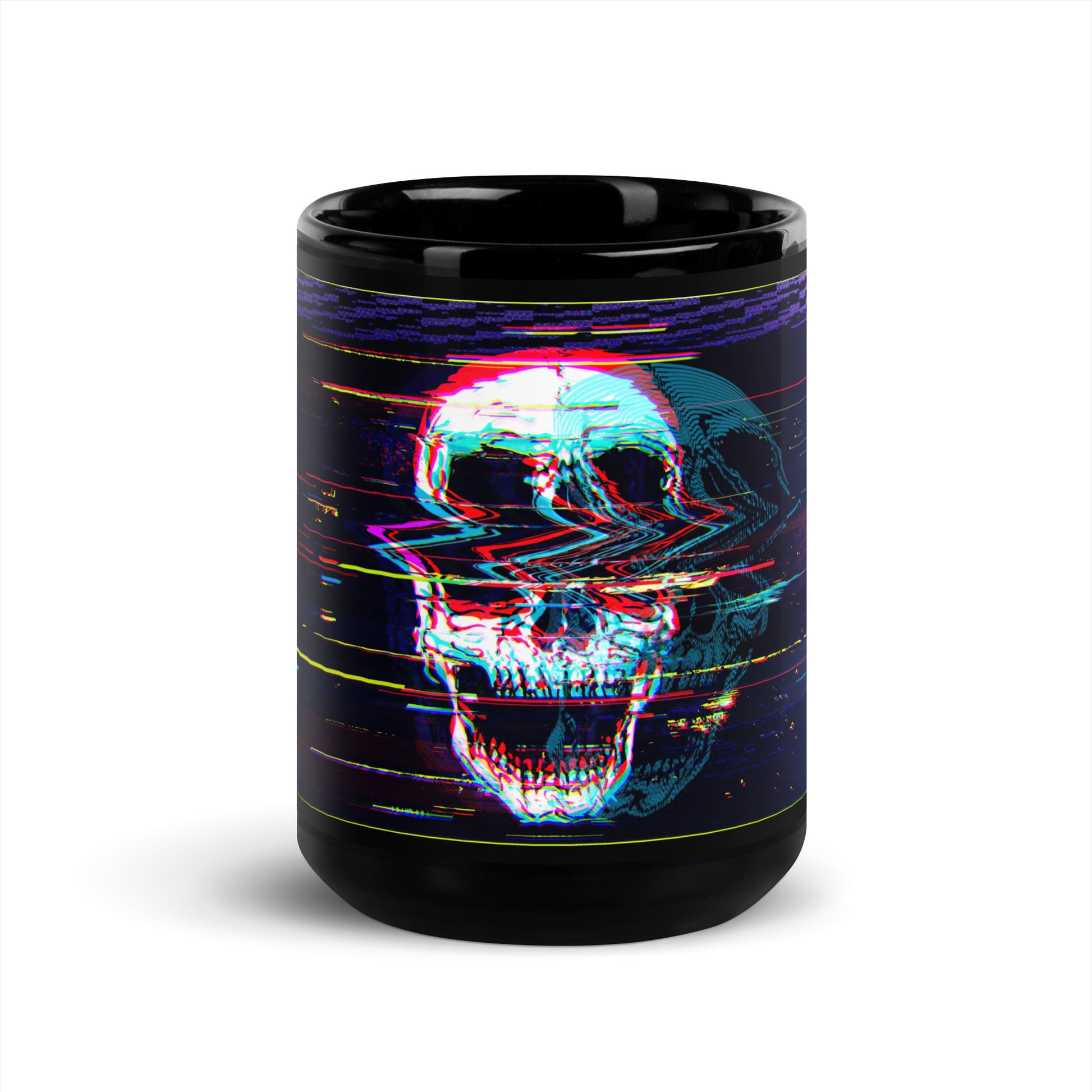 Black glossy ceramic mug with Skullbanger DJ skull and headphones graphic - 15 oz rock music coffee mug
