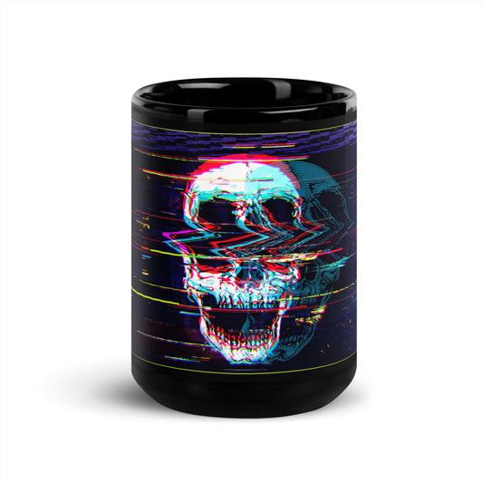 Black glossy ceramic mug with Skullbanger DJ skull and headphones graphic - 15 oz rock music coffee mug