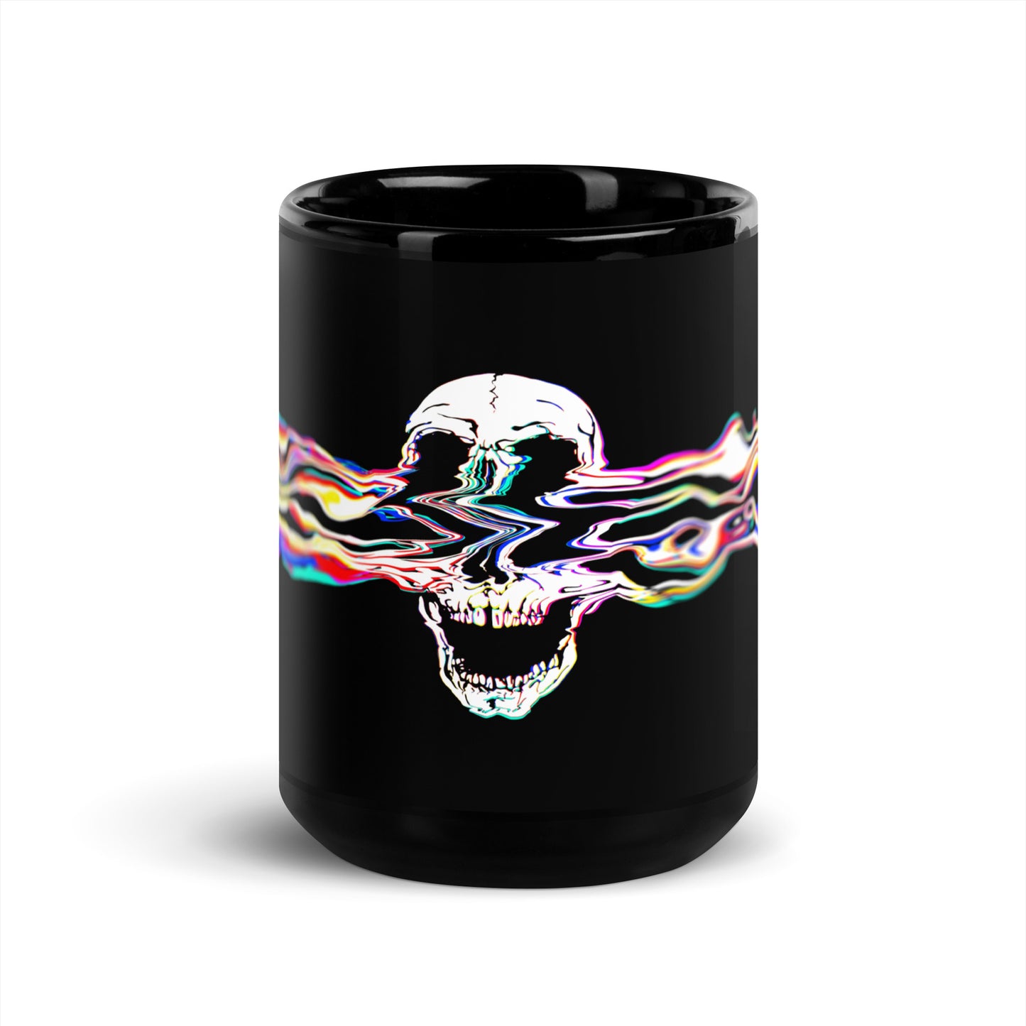 Black glossy ceramic mug with Rebel Riser colorful glitch skull graphic - 15 oz rock music coffee mug