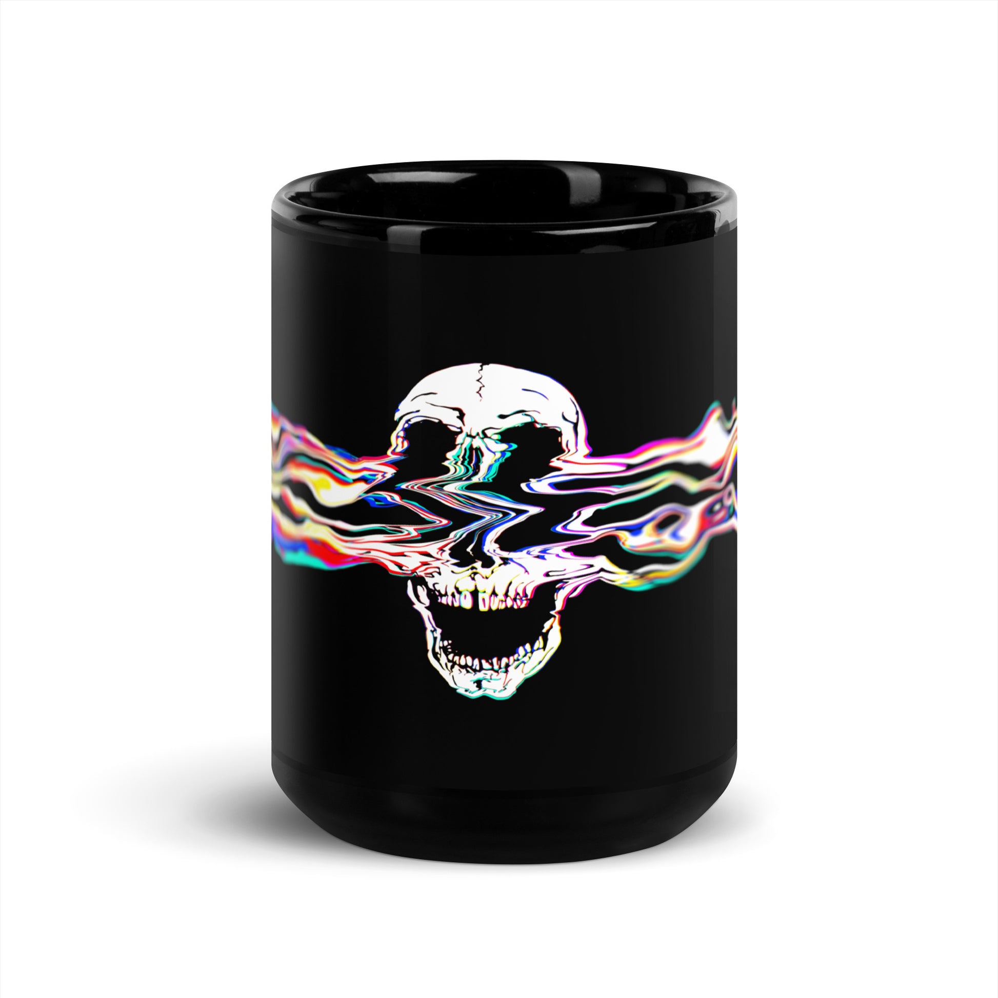 Black glossy ceramic mug with Rebel Riser colorful glitch skull graphic - 15 oz rock music coffee mug