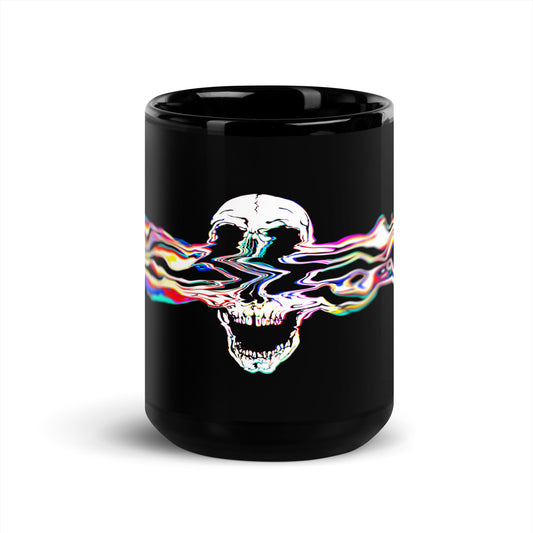 Black glossy ceramic mug with Rebel Riser colorful glitch skull graphic - 15 oz rock music coffee mug