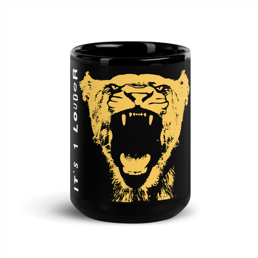 Front view of the 15 oz black Rock and Roar mug with a gold roaring big cat and vertical It's 1 Louder wordmark