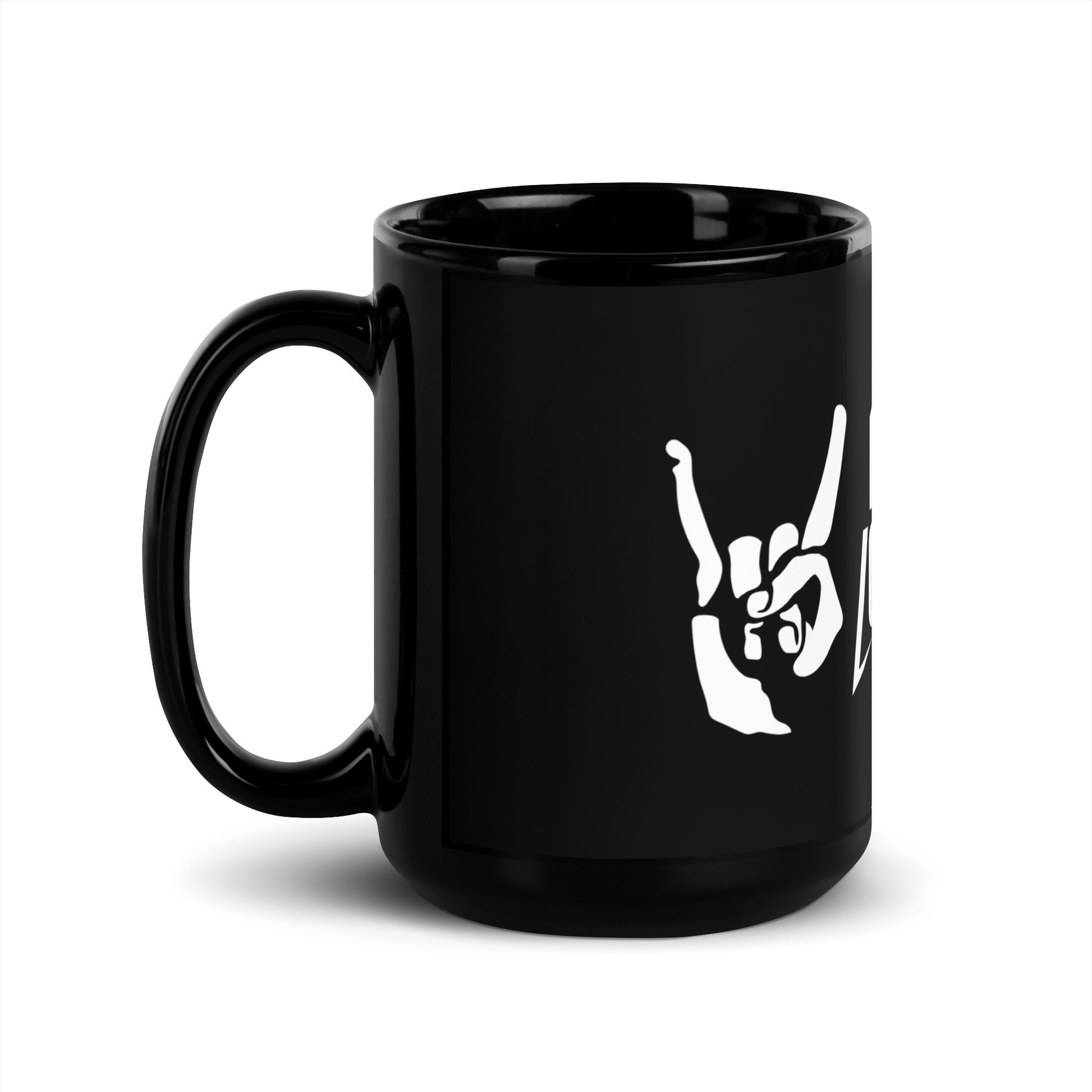 It's 1 Louder 15 oz glossy black mug - rock hand sign graphic front view