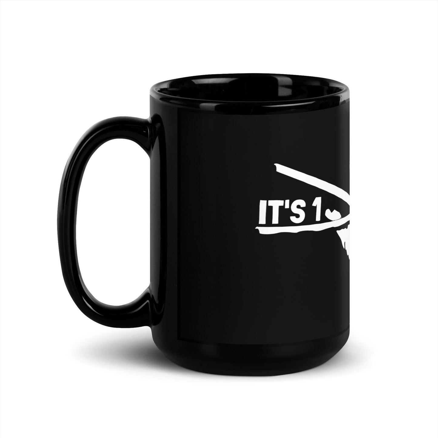 Left side view of the tall 15 oz black Drumsticks mug with the It's 1 Louder wordmark and white drumsticks print