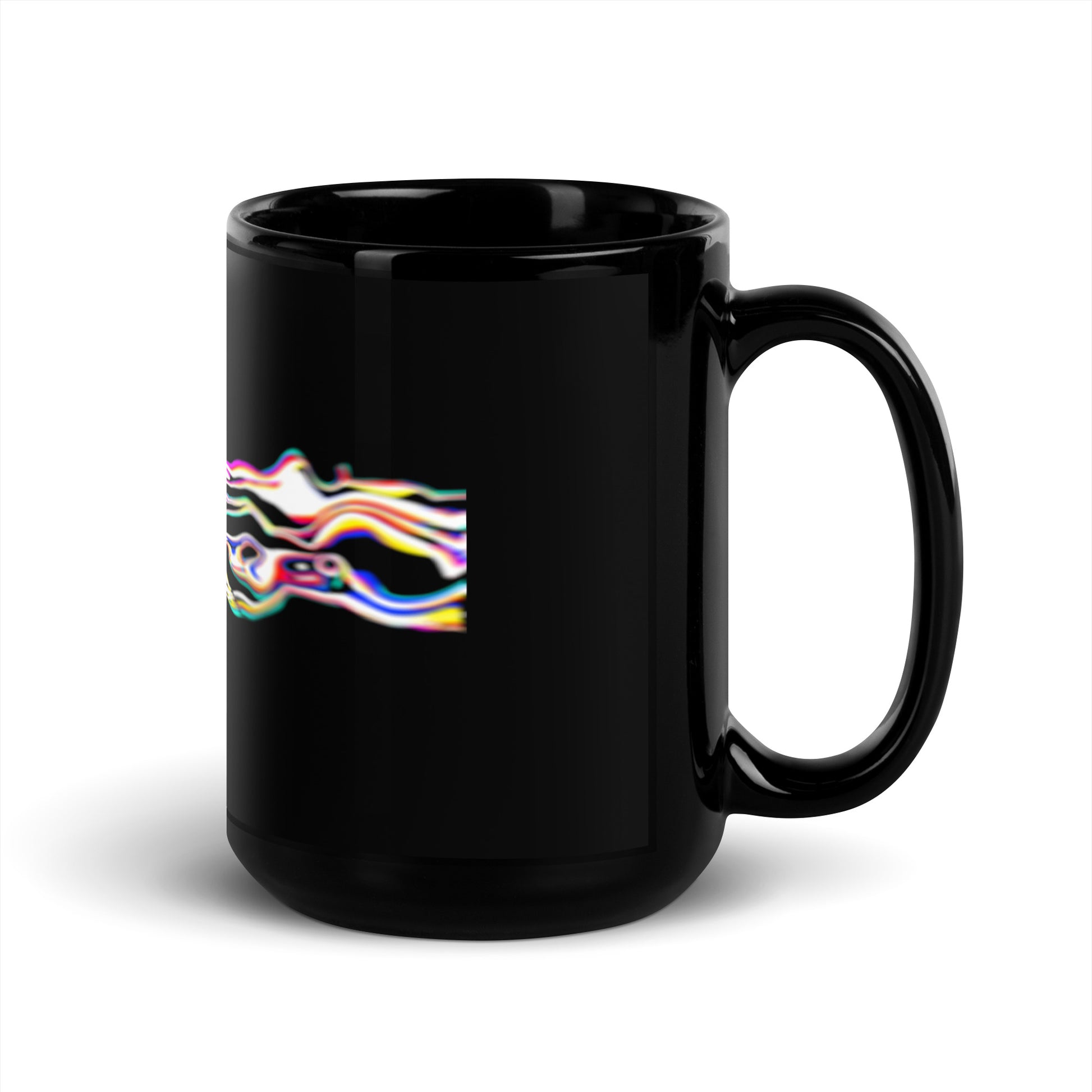 Black ceramic mug featuring Rebel Riser vibrant skull - 15 oz right handle view