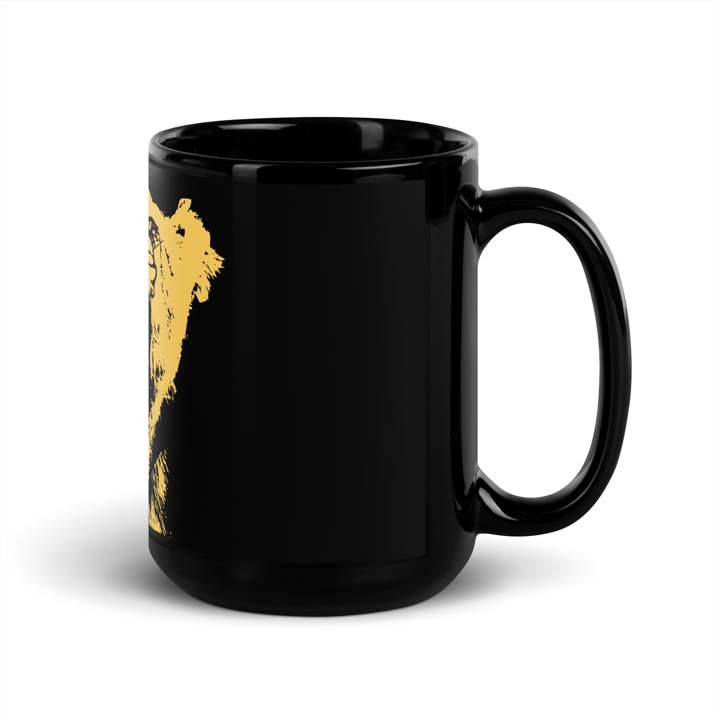 Right side view of the 15 oz black Rock and Roar mug showing the handle and edge of the gold big cat print
