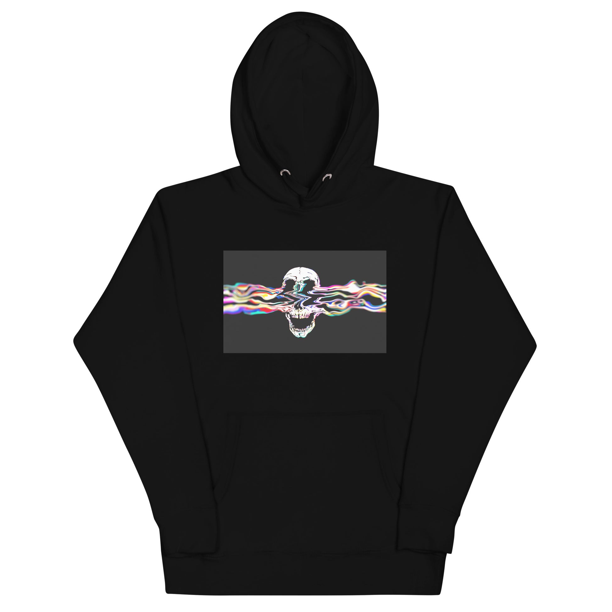 Black premium pullover hoodie with Rebel Riser colorful skull graphic - rock music apparel