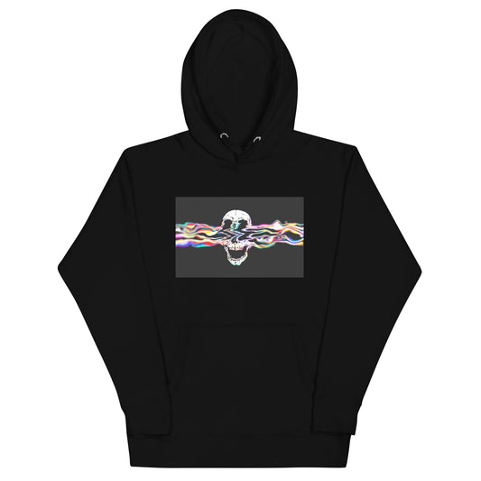 Black premium pullover hoodie with Rebel Riser colorful skull graphic - rock music apparel