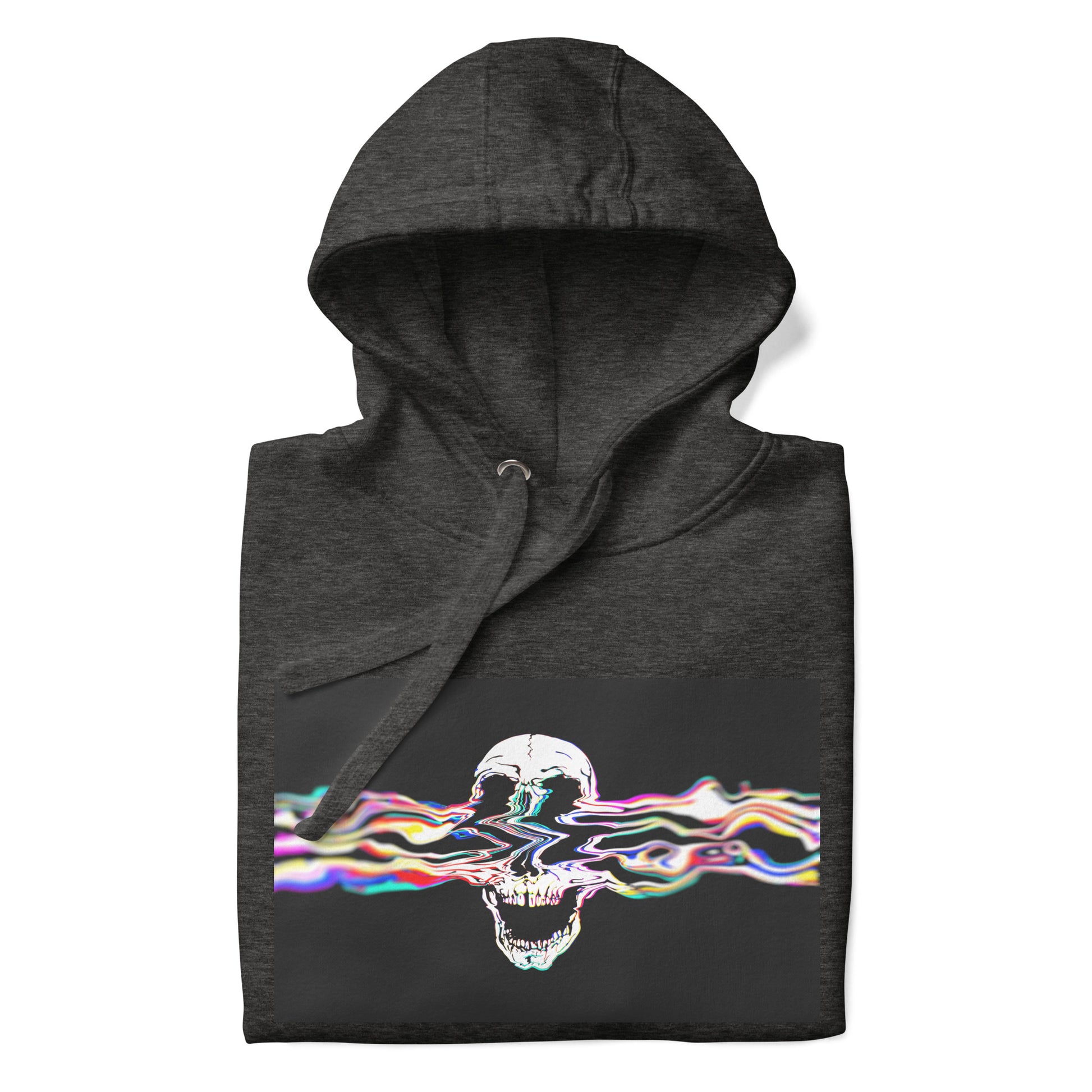 Charcoal heather hoodie with Rebel Riser vibrant skull graphic - alternative color