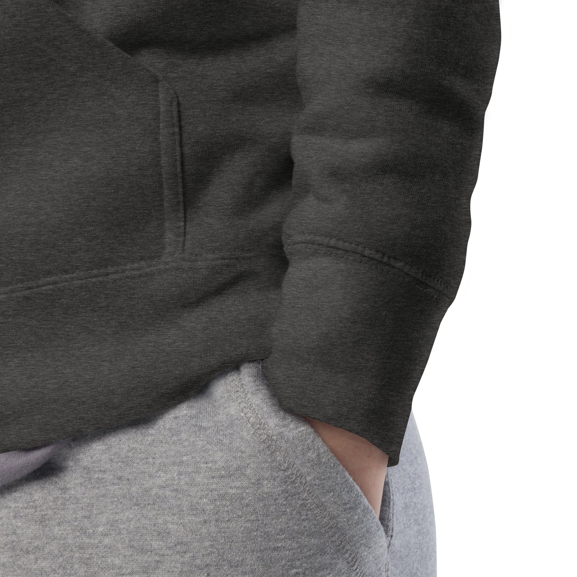 Charcoal heather hoodie product details - Rebel Riser quality close-up