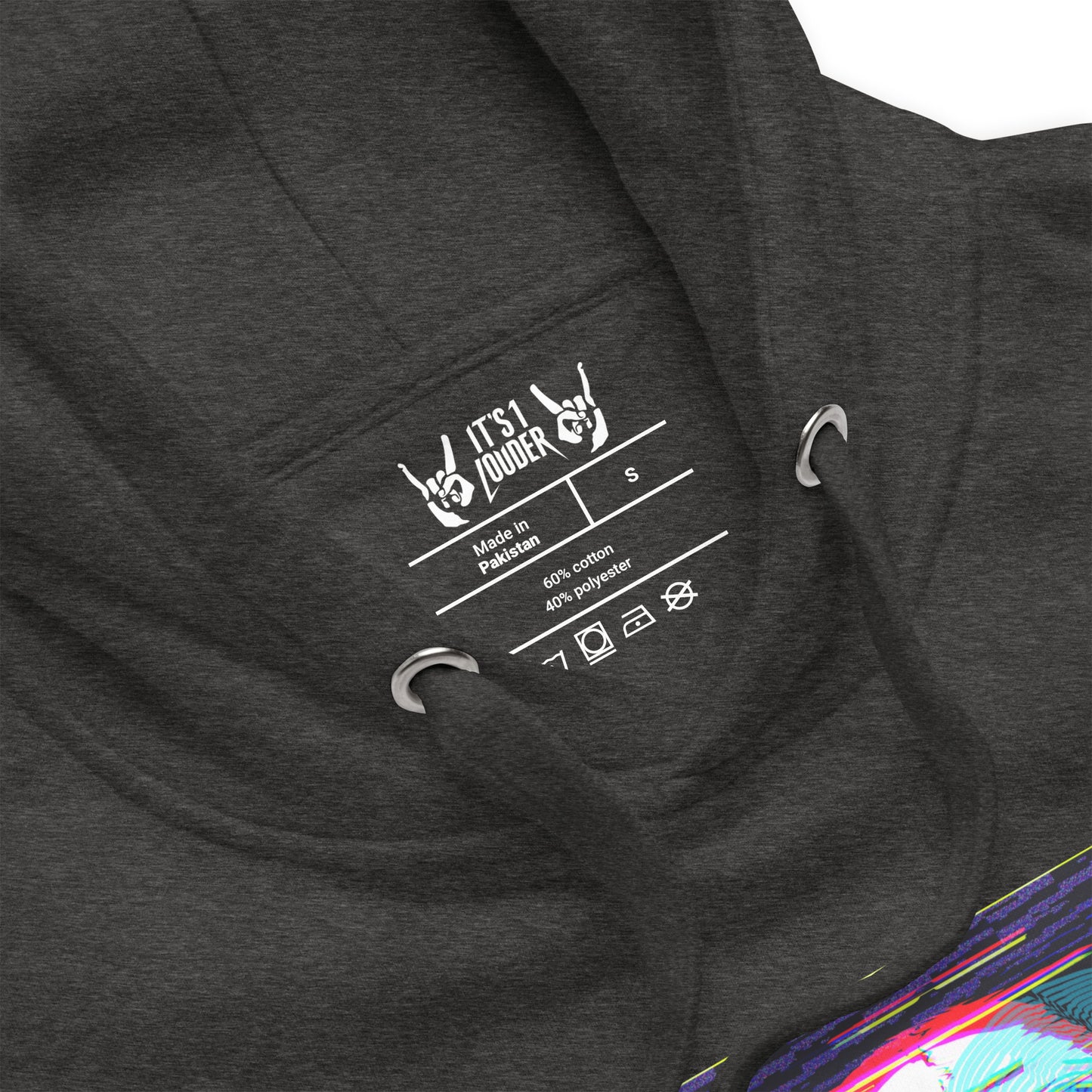 Skullbanger charcoal hoodie label and stitching detail - premium quality