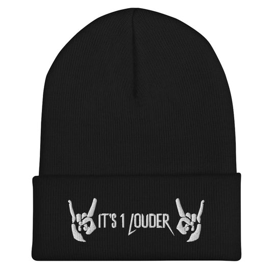 Black beanie view front side. There are also two hands showing the rock symbol. In between those hands are the words "It's 1 Louder". The beanie would be part of a rock and roll apparel or rock outfit or rock and roll wear or a punk look.