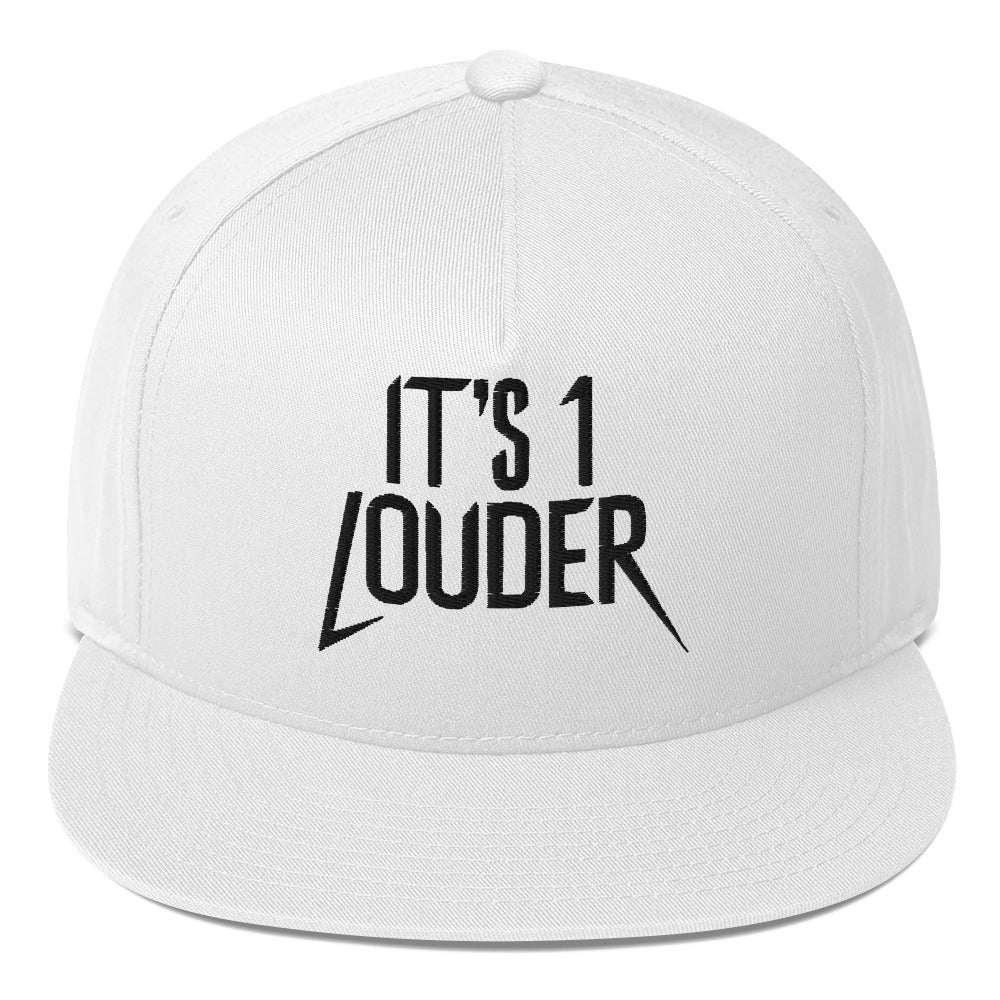 White flat bill cap with black IT'S 1 LOUDER lightning bolt wordmark, front view