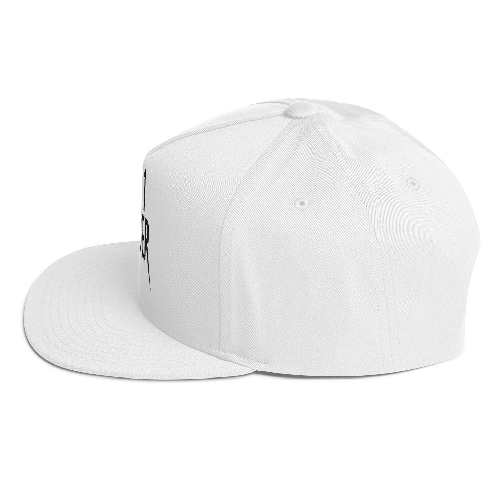 Left side view of the white It's 1 Louder flat bill cap showing the structured five panel crown