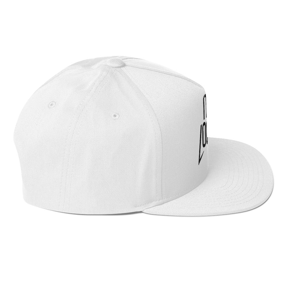 Right side view of the white It's 1 Louder flat bill cap with flat brim
